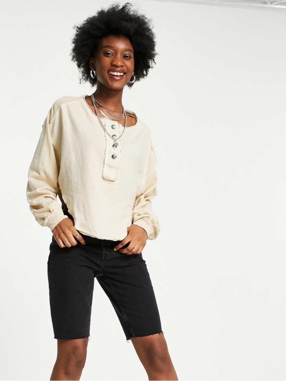 Free People Melodi Cream Raw-Edge Henley Long Sleeve Top - Starshine